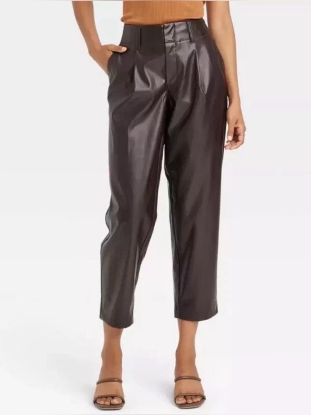 New A New Day Women's High-Rise Tapered Faux Leather Chocolate Satin Ankle Pants